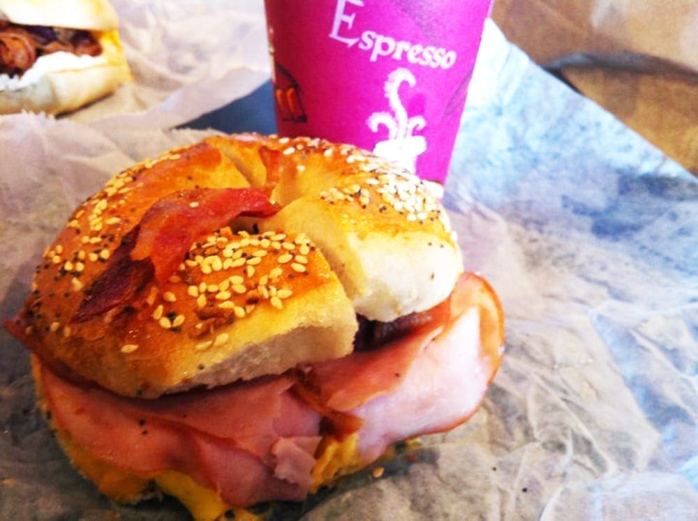 Fried Egg Ham Bacon and Cheese Bagel from Georgetown Bagelry