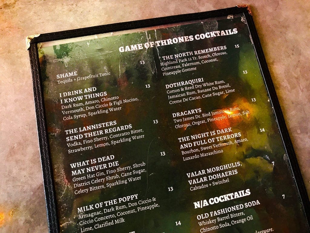 Drink Menu at The Game of Thrones Popup Bar